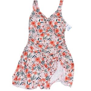 Aidonger Ruched Swim Dress One Piece Swimsuit Womens Medium Orange Floral Padded